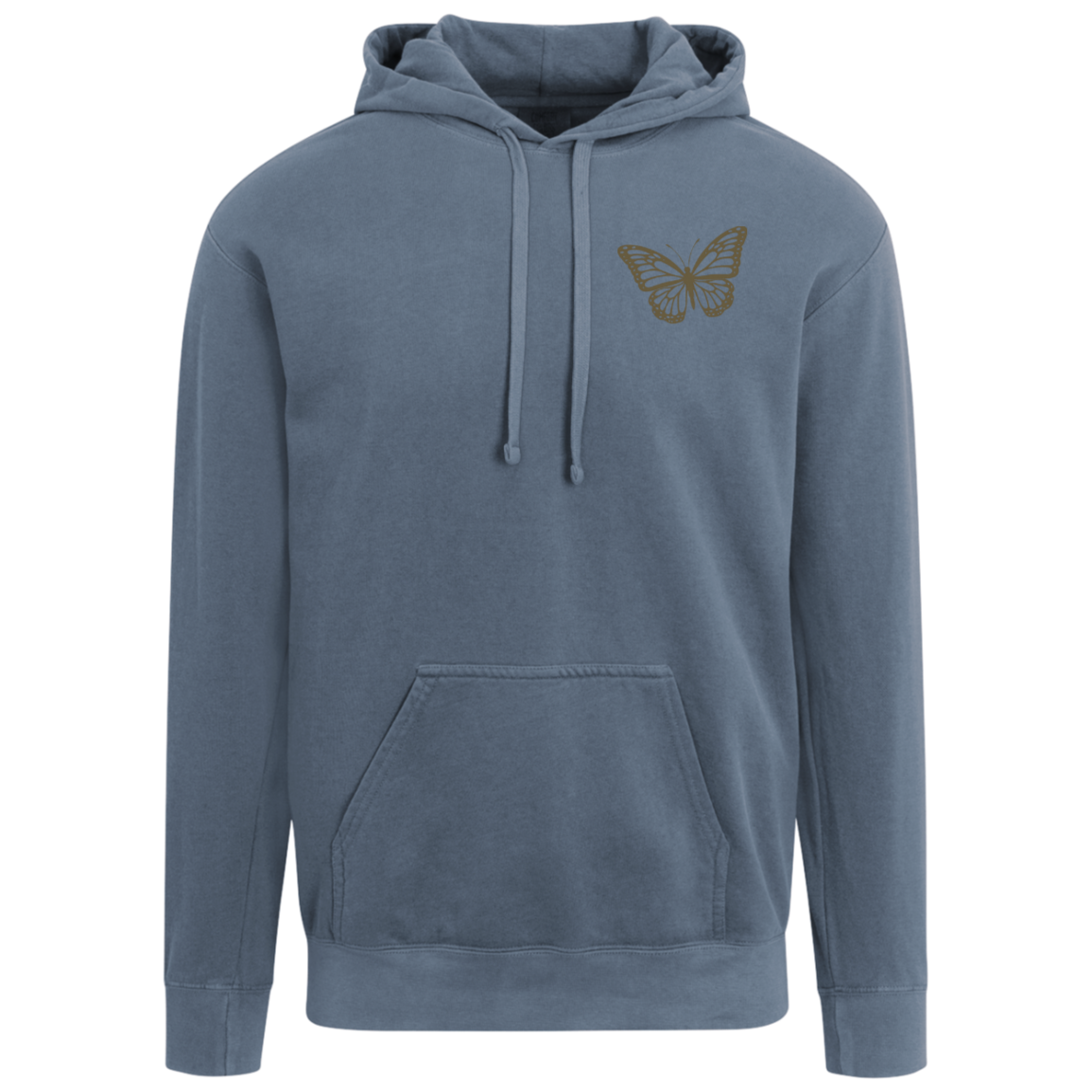 A blue jean comfort colors pullover hoodie with a small butterfly on the left chest. It has a large graphic design on the back with a mountain sunset, old pickup truck, wildflowers and an acoustic guitar.