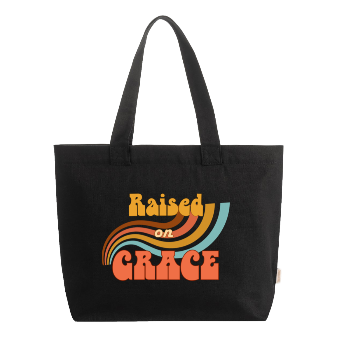 Raised on Grace retro canvas zip tote bag in black featuring a colorful vintage rainbow design and nostalgic typography with a warm retro feel.