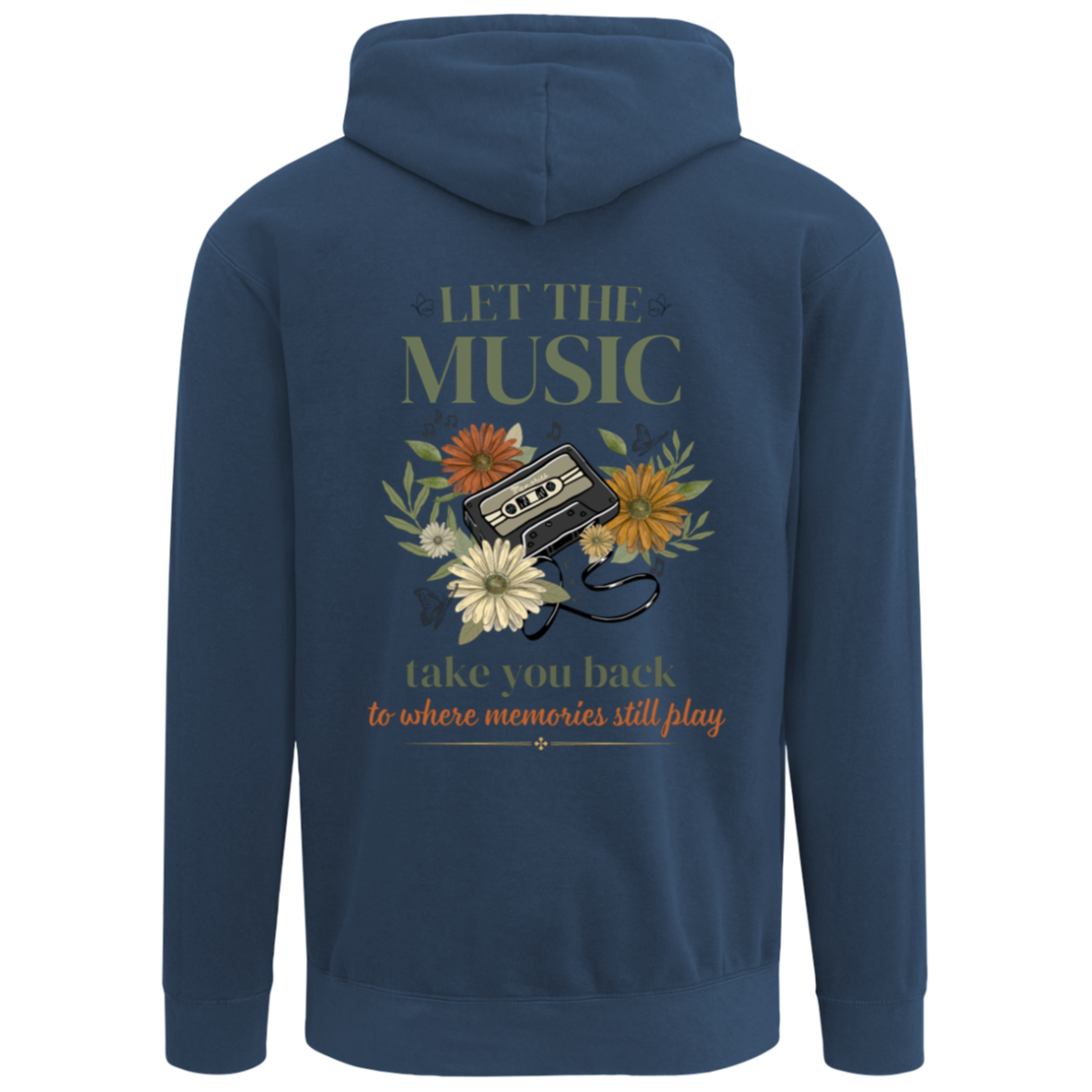 True Navy Comfort Colors hoodie featuring nostalgic cassette tape and floral graphic design on the back.