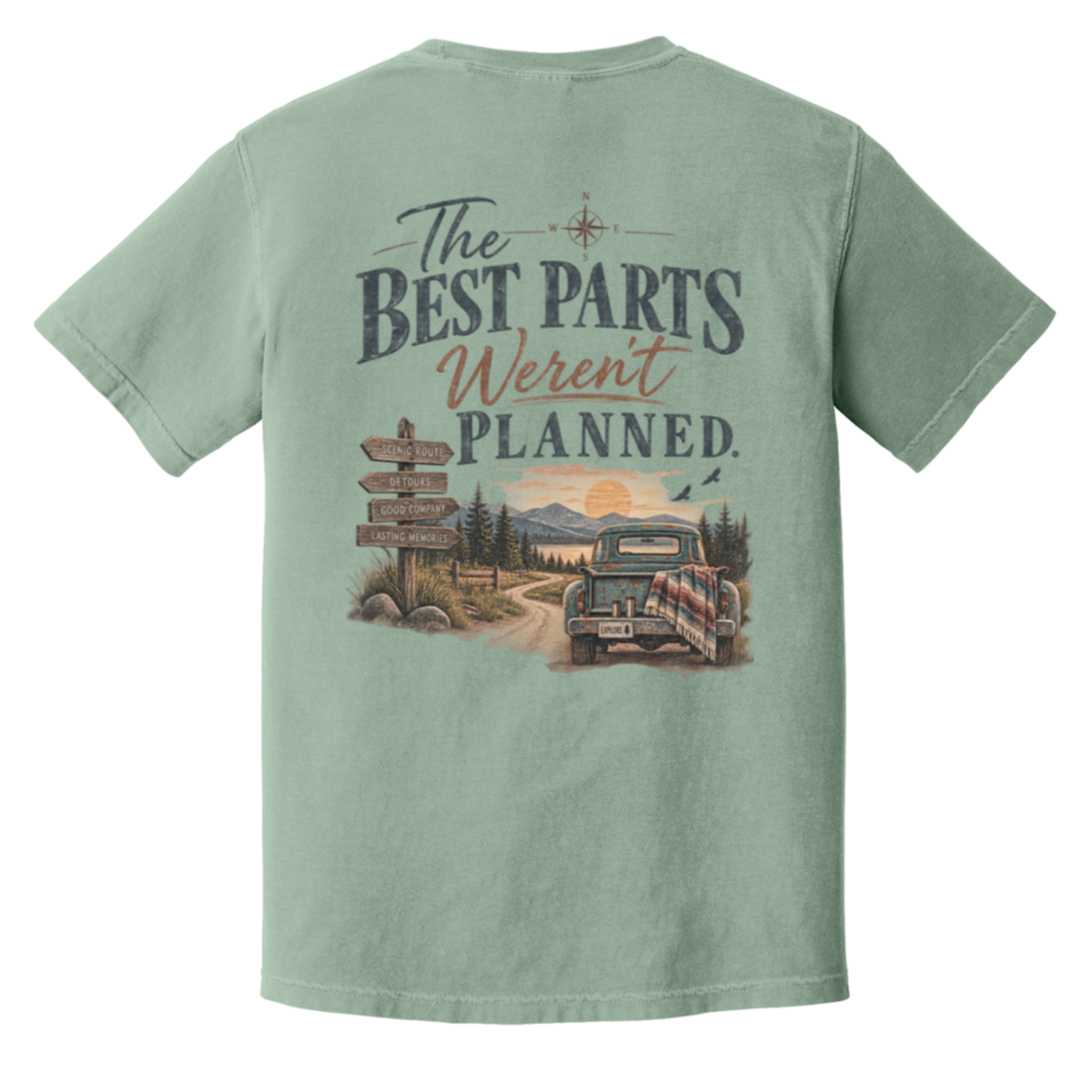A bay green short-sleeve t-shirt shown from the back, featuring a large vintage-style graphic print with the text 'The BEST PARTS Weren't PLANNED.' and an illustration of a classic car on a dirt road.