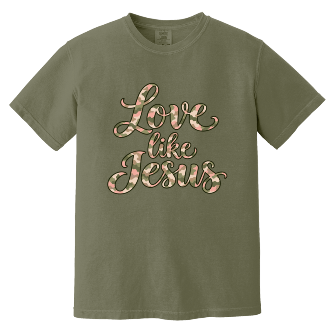 Moss Comfort Colors tee with Love Like Jesus script in pink, sage, cream, and taupe camouflage.