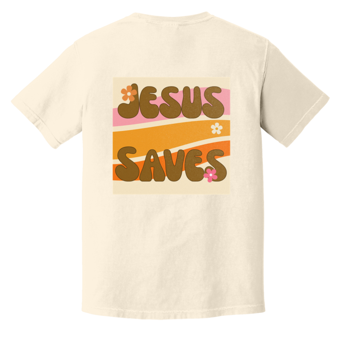 Jesus Saves retro Comfort Colors t-shirt featuring groovy vintage typography, warm 70s-inspired waves, and floral accents on an ivory garment-dyed tee.