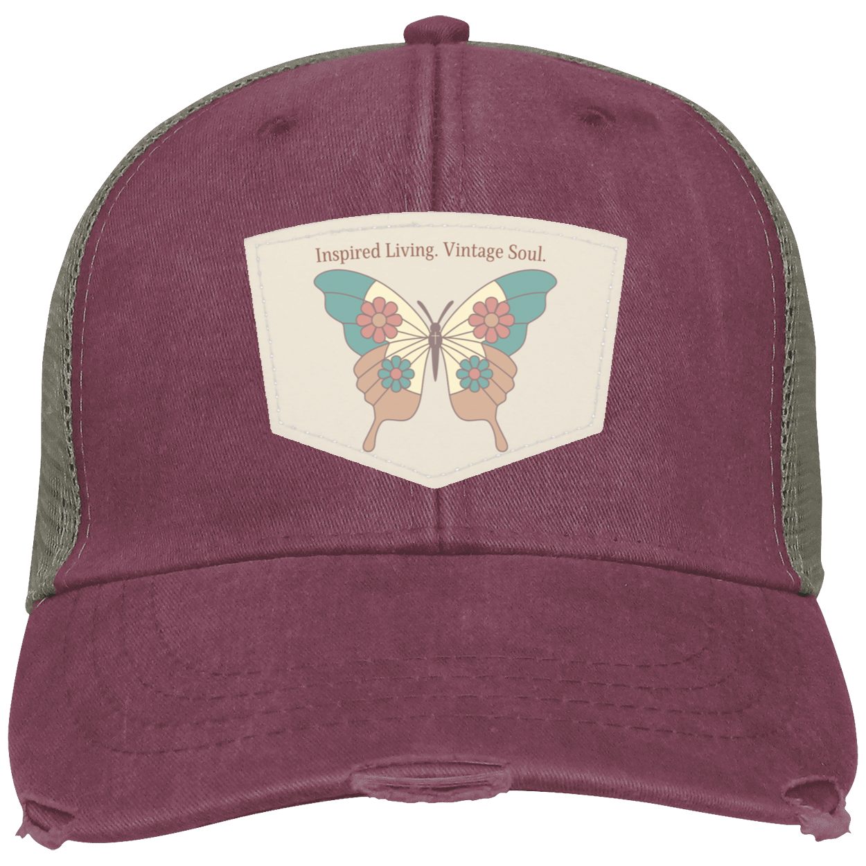Inspired Living Vintage Soul Signature Vintage Butterfly patch hat featuring an exclusive butterfly design on a premium vegan leather patch with a distressed maroon trucker cap and adjustable snapback closure. 