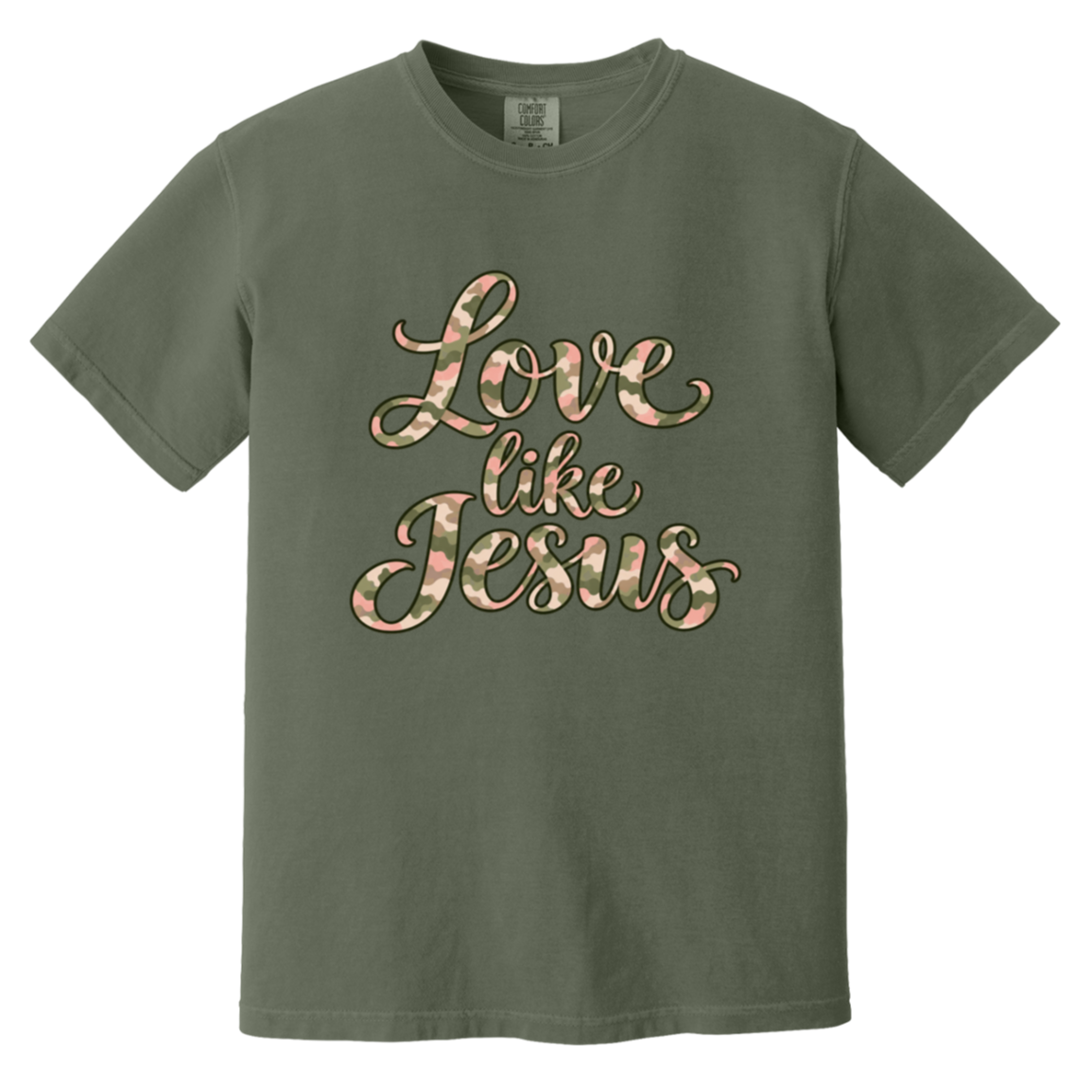 Sage Comfort Colors tee with Love Like Jesus script in pink, sage, cream, and taupe camouflage.