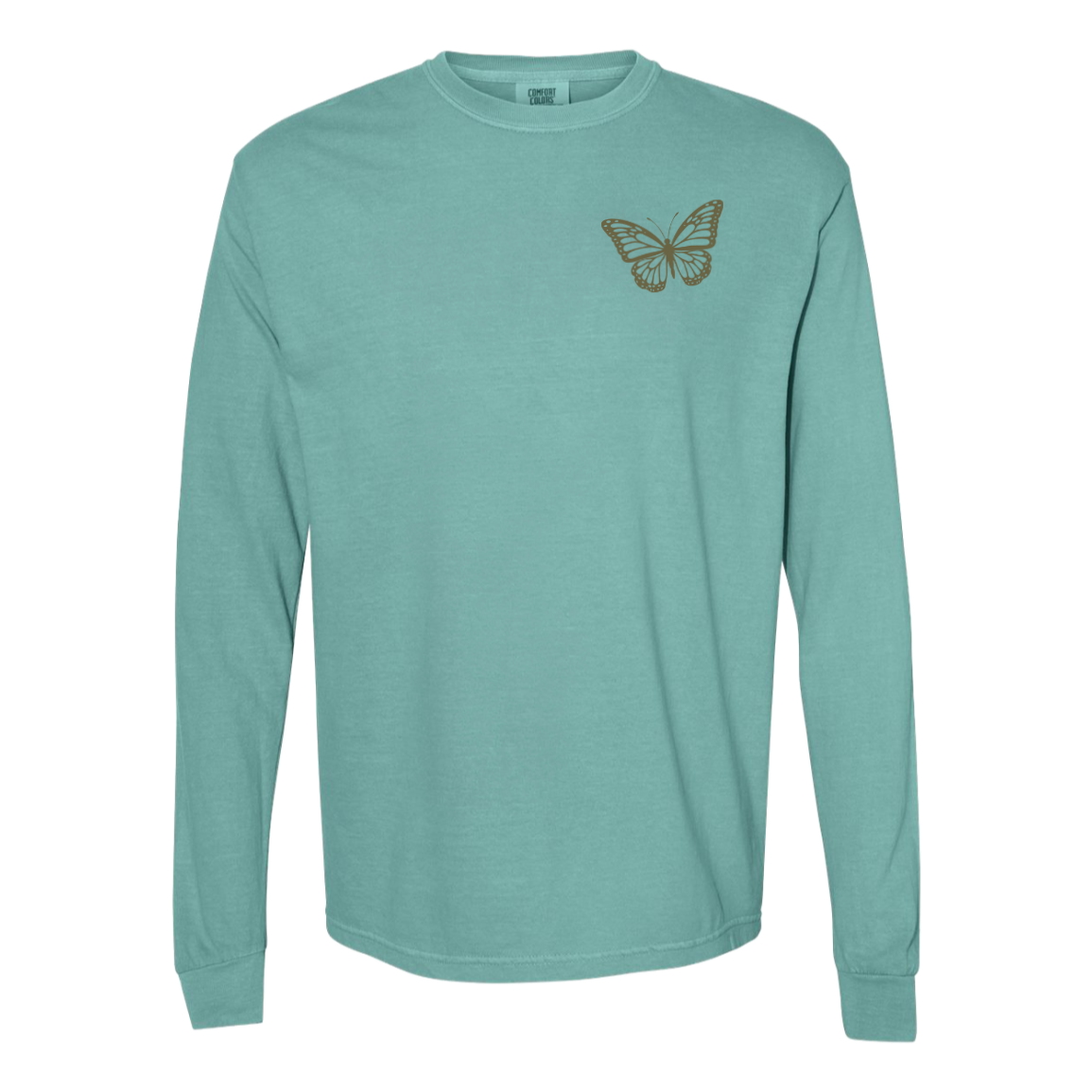 Seafoam green Comfort Colors long sleeve tee with small butterfly design on left chest