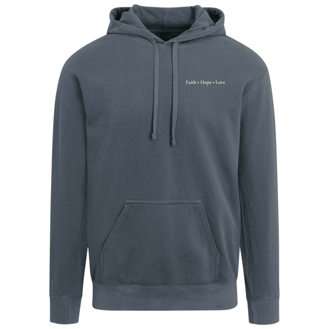 Front of Denim Comfort Colors Christian hoodie featuring a small Faith Hope Love left chest design.

Back
