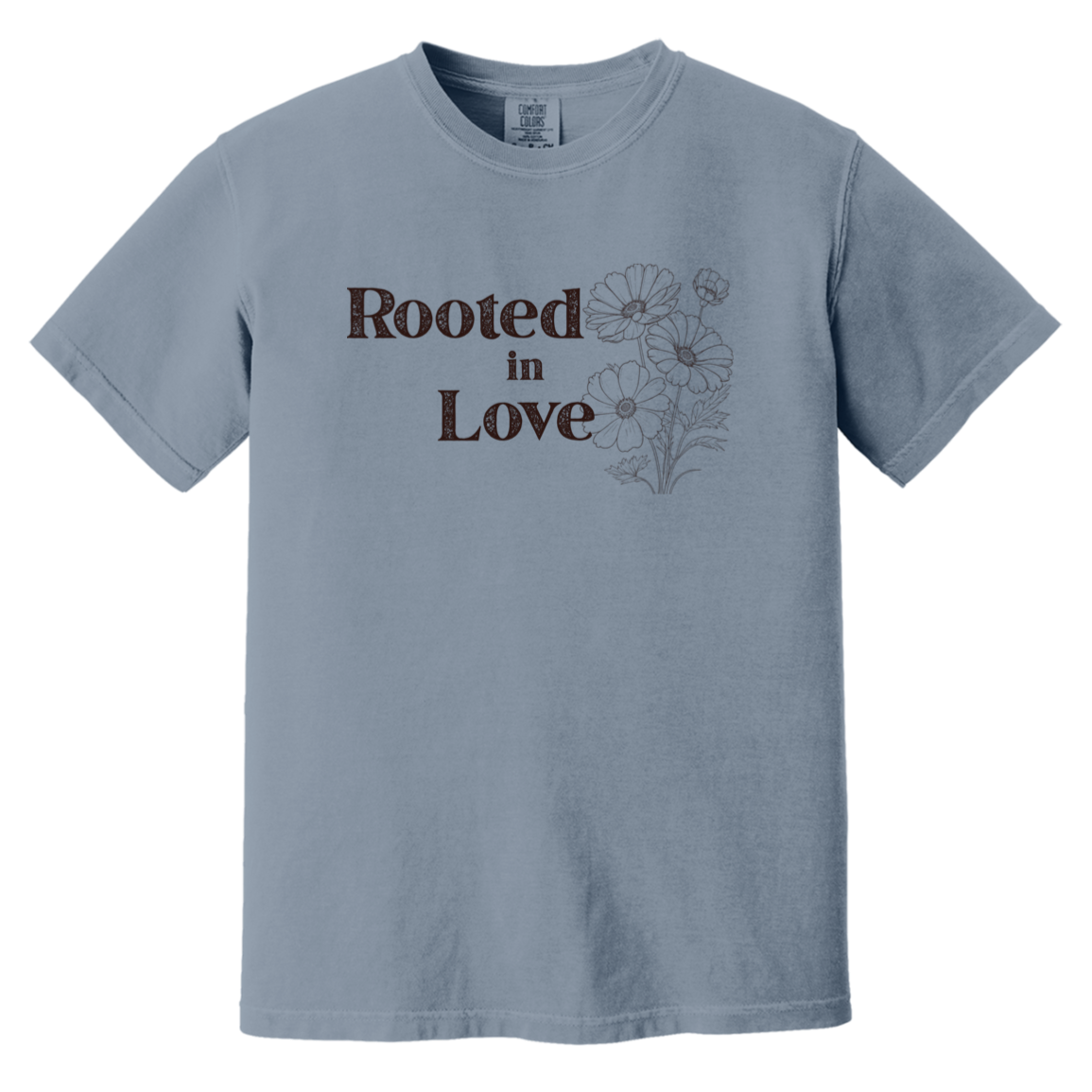Rooted in Love Comfort Colors graphic tee in Blue Jean with vintage floral illustration and inspirational message.