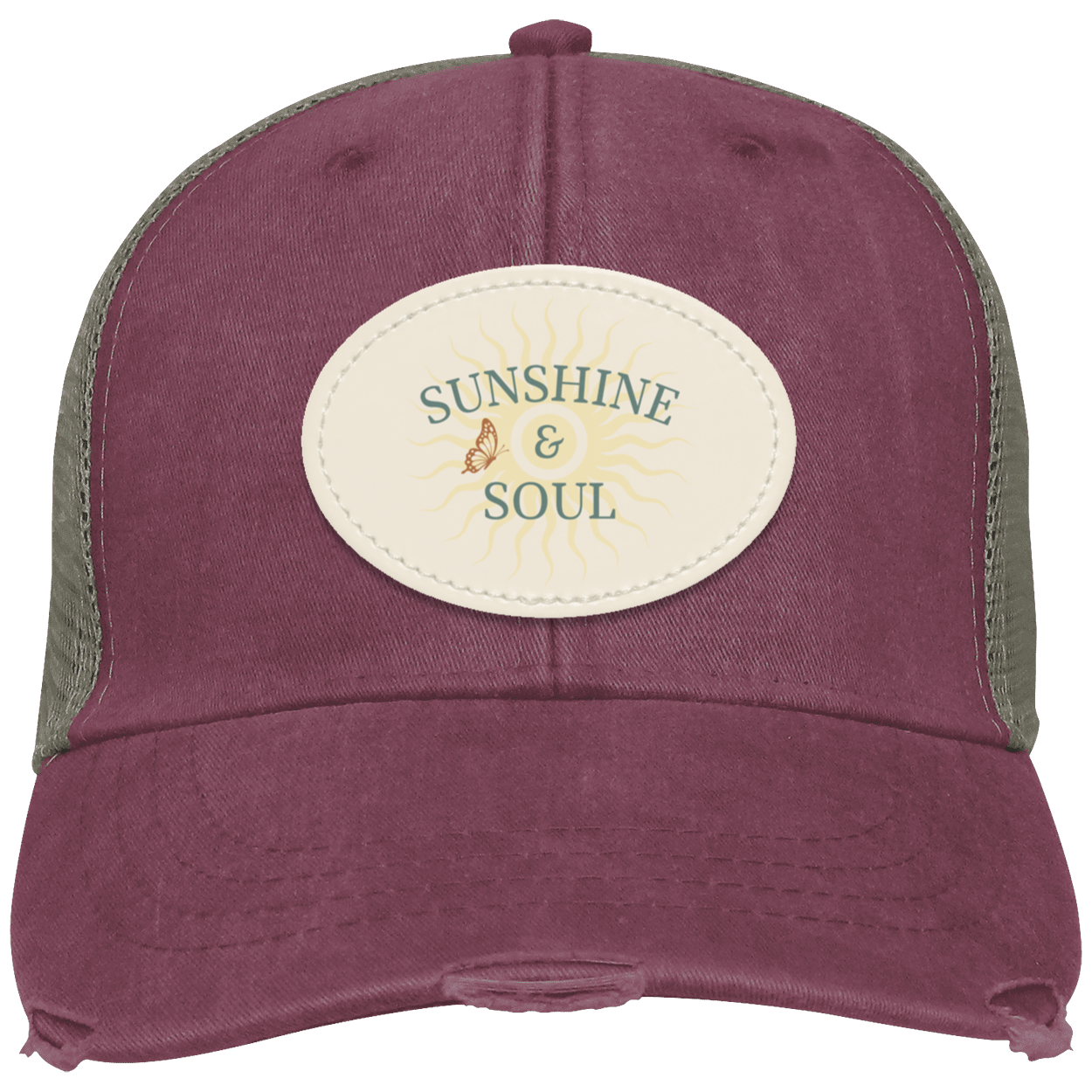 Maroon vintage distressed trucker cap featuring an oval Sunshine & Soul sublimated vegan leather patch.