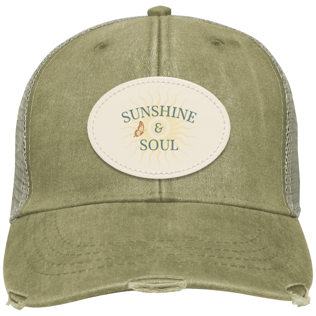Khaki vintage distressed trucker cap featuring an oval Sunshine & Soul sublimated vegan leather patch.
