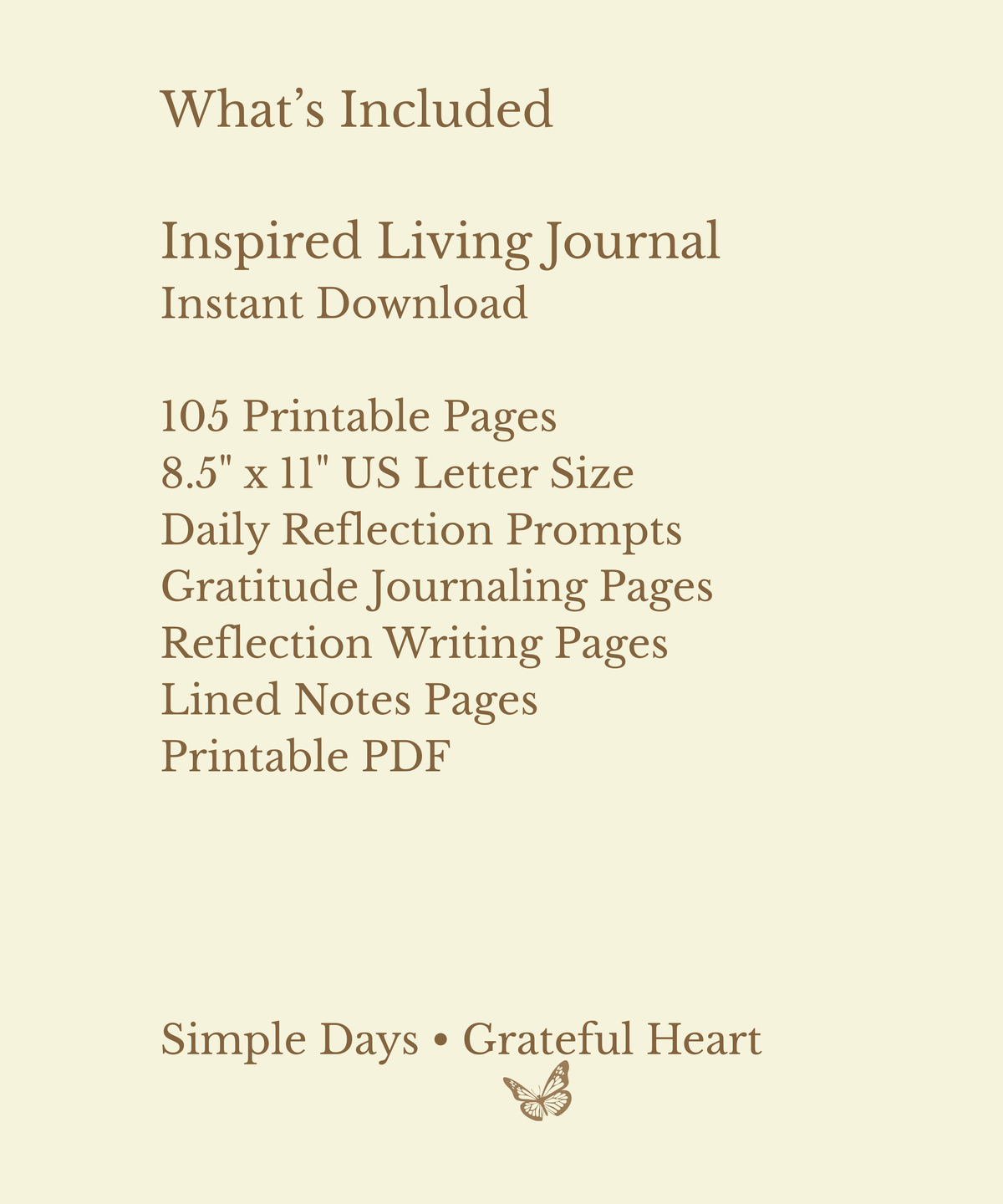 Inspired Living Journal digital download featuring 105 printable pages with daily reflection prompts, gratitude sections, notes pages, and instant PDF access.