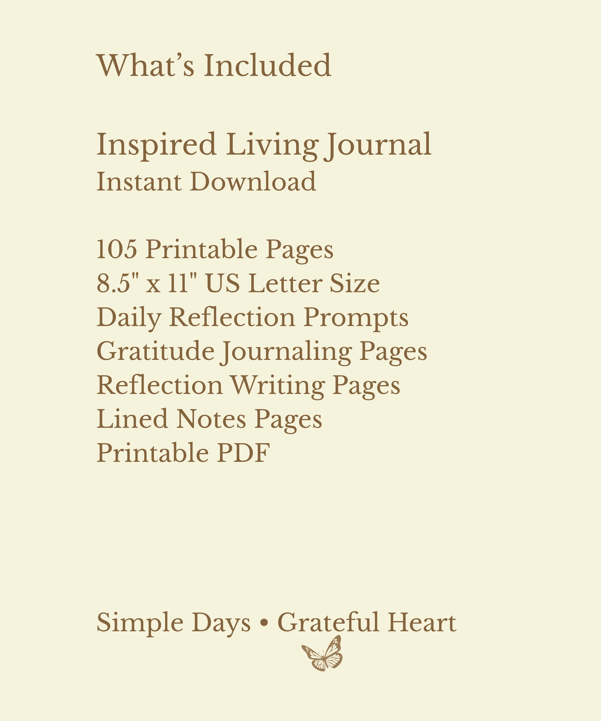 Inspired Living Journal digital download featuring 105 printable pages with daily reflection prompts, gratitude sections, notes pages, and instant PDF access.