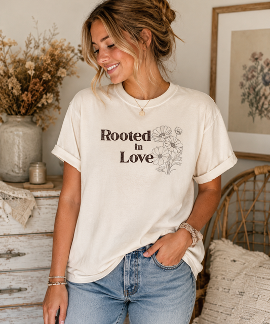 Lady wearing Rooted in Love Comfort Colors graphic tee with vintage floral design on front.