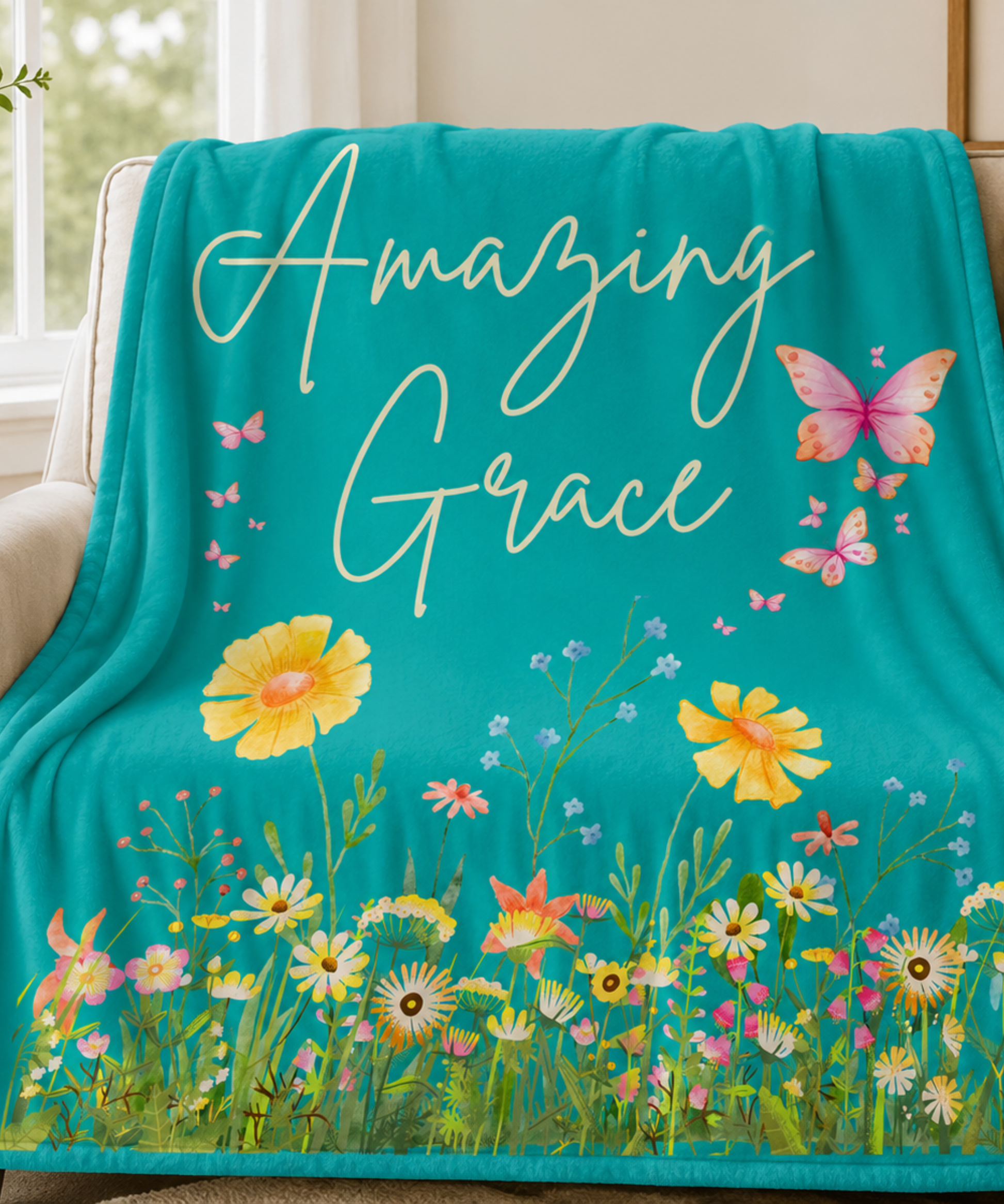 Amazing Grace floral plush fleece blanket draped over a cream sofa, featuring butterfly artwork, colorful wildflowers, and inspirational faith-inspired home decor design.