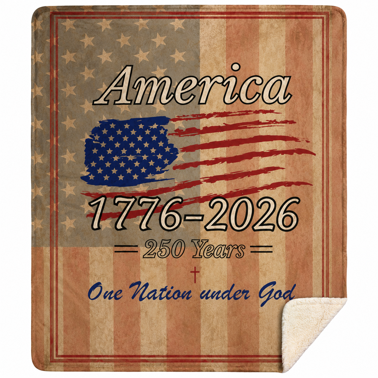 Vintage patriotic sherpa blanket featuring distressed American flag design with America 1776–2026 and One Nation Under God 