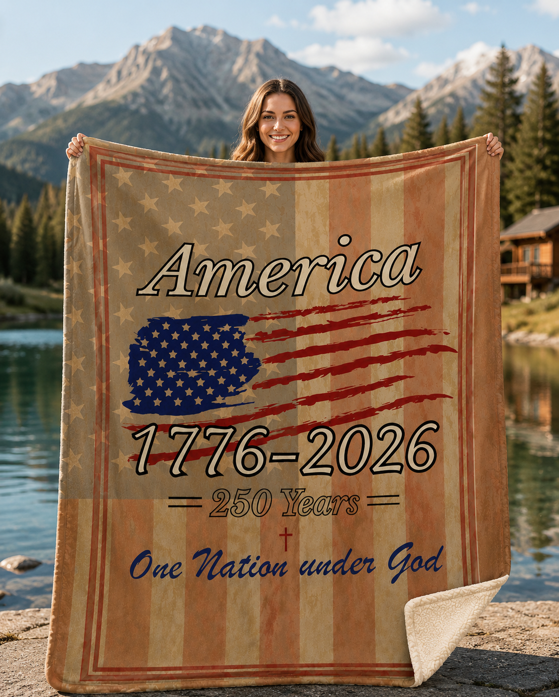 Vintage patriotic sherpa blanket featuring distressed American flag design with America 1776–2026 and One Nation Under God text being held by lady 