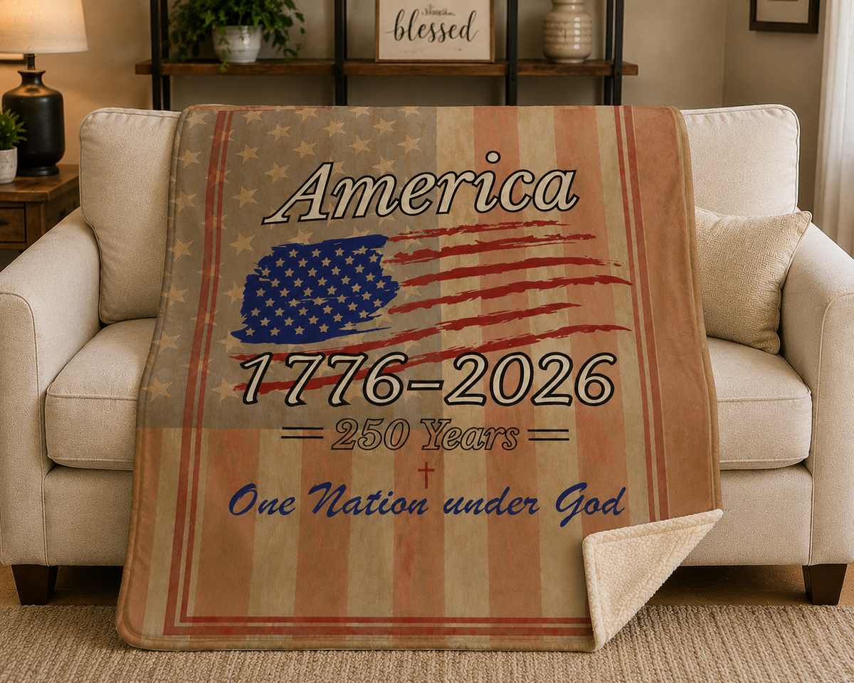 Vintage patriotic sherpa blanket featuring distressed American flag design with America 1776–2026 and One Nation Under God text displayed on cozy couch.