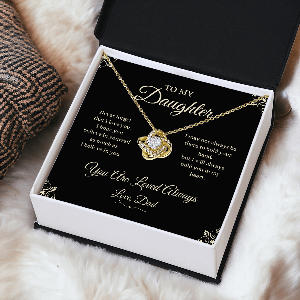 Gold Love Knot necklace gift box presentation for daughter jewelry gift