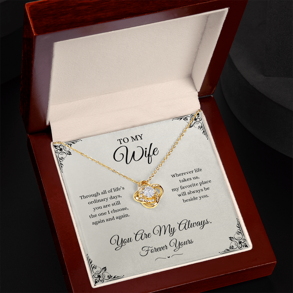 Gold Love Knot Necklace for wife in luxury gift box