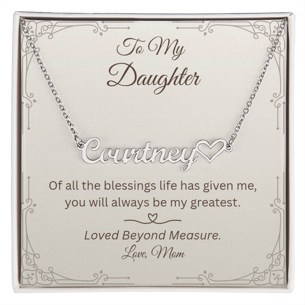 Silver personalized heart name necklace with To My Daughter message card.