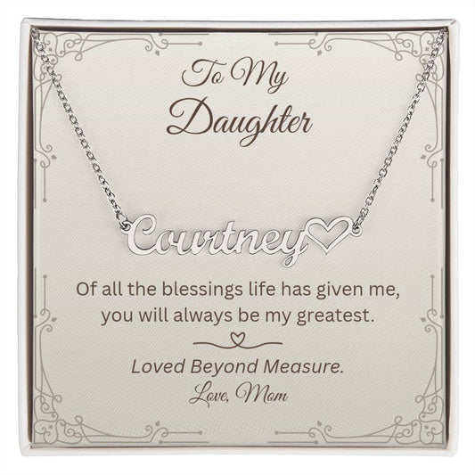 Silver personalized heart name necklace with To My Daughter message card.