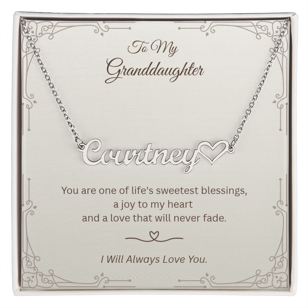 Silver Heart Name Necklace with heartfelt granddaughter message card