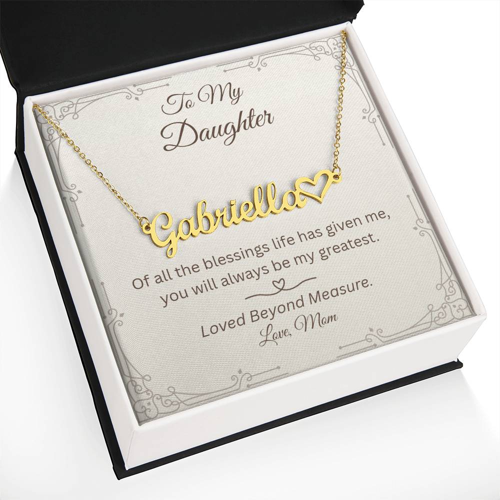 Gold heart name necklace for Daughter in standard gift box.