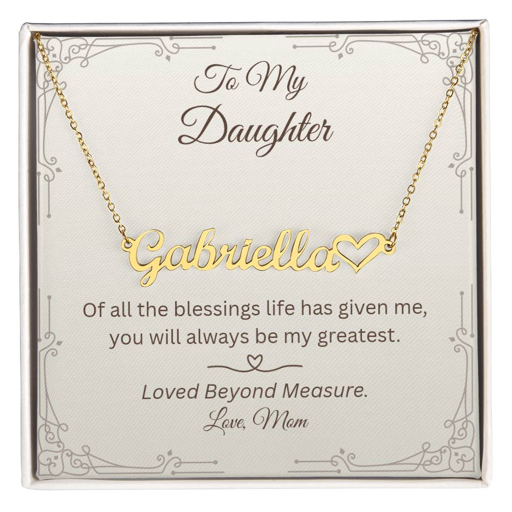 To My Daughter personalized heart name necklace in gold with heartfelt message card
