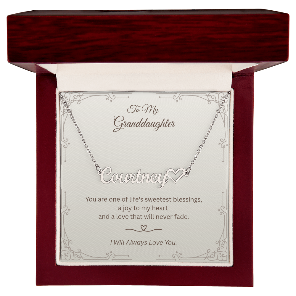 Granddaughter Heart Name Necklace displayed in luxury gift box