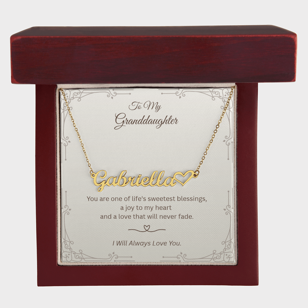 Gold Heart Name Necklace in mahogany-style luxury gift box