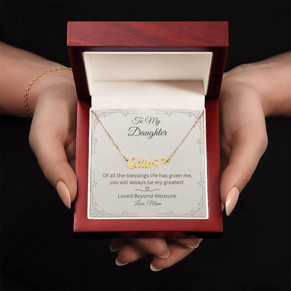 Gold heart name necklace for daughter in mahogany-style luxury gift box