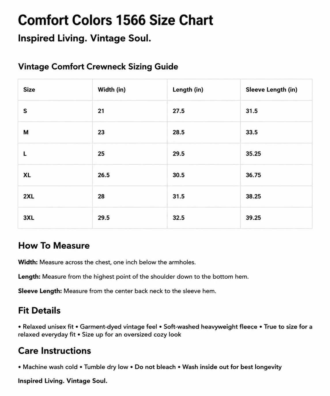 Comfort Colors Crewneck Sweatshirt sizing guide with measurements for different sizes.