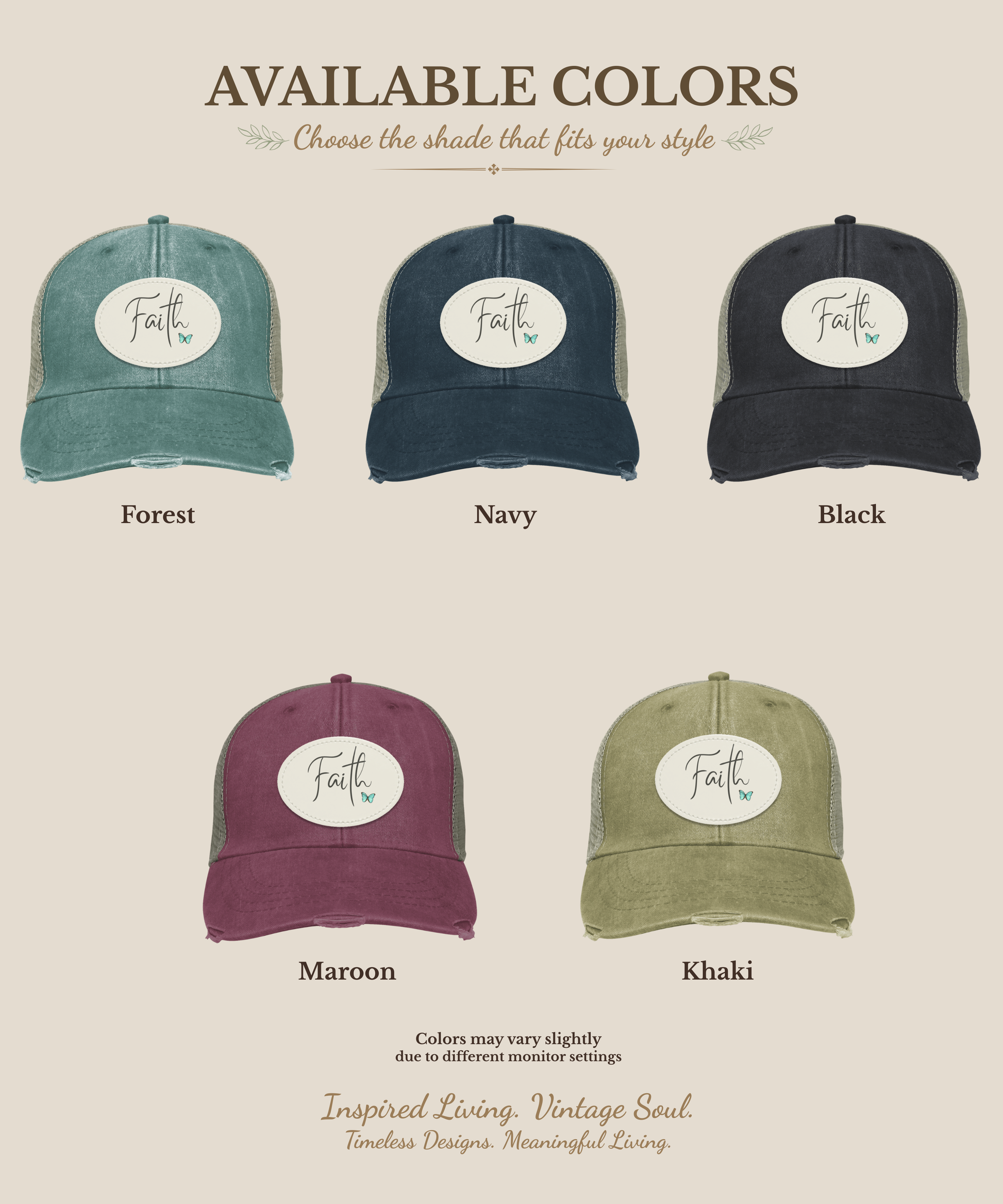 Available color options for the Faith vintage distressed trucker cap featuring an original sublimated vegan leather patch. Colors shown include Forest, Navy, Black, Maroon, and Khaki.