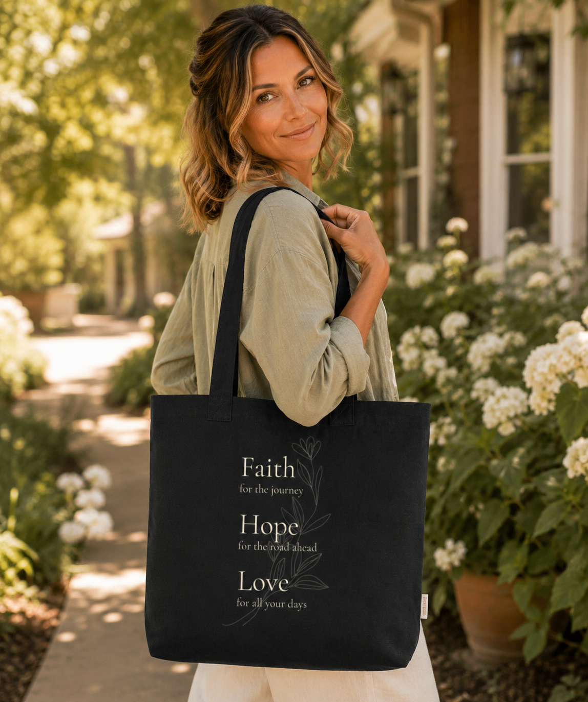 A woman outdoors carrying a large black comfort colors canvas tote bag with white text reading 'Faith Hope Love' and a delicate floral line drawing. The background shows a sunlit garden path and flowering plants.