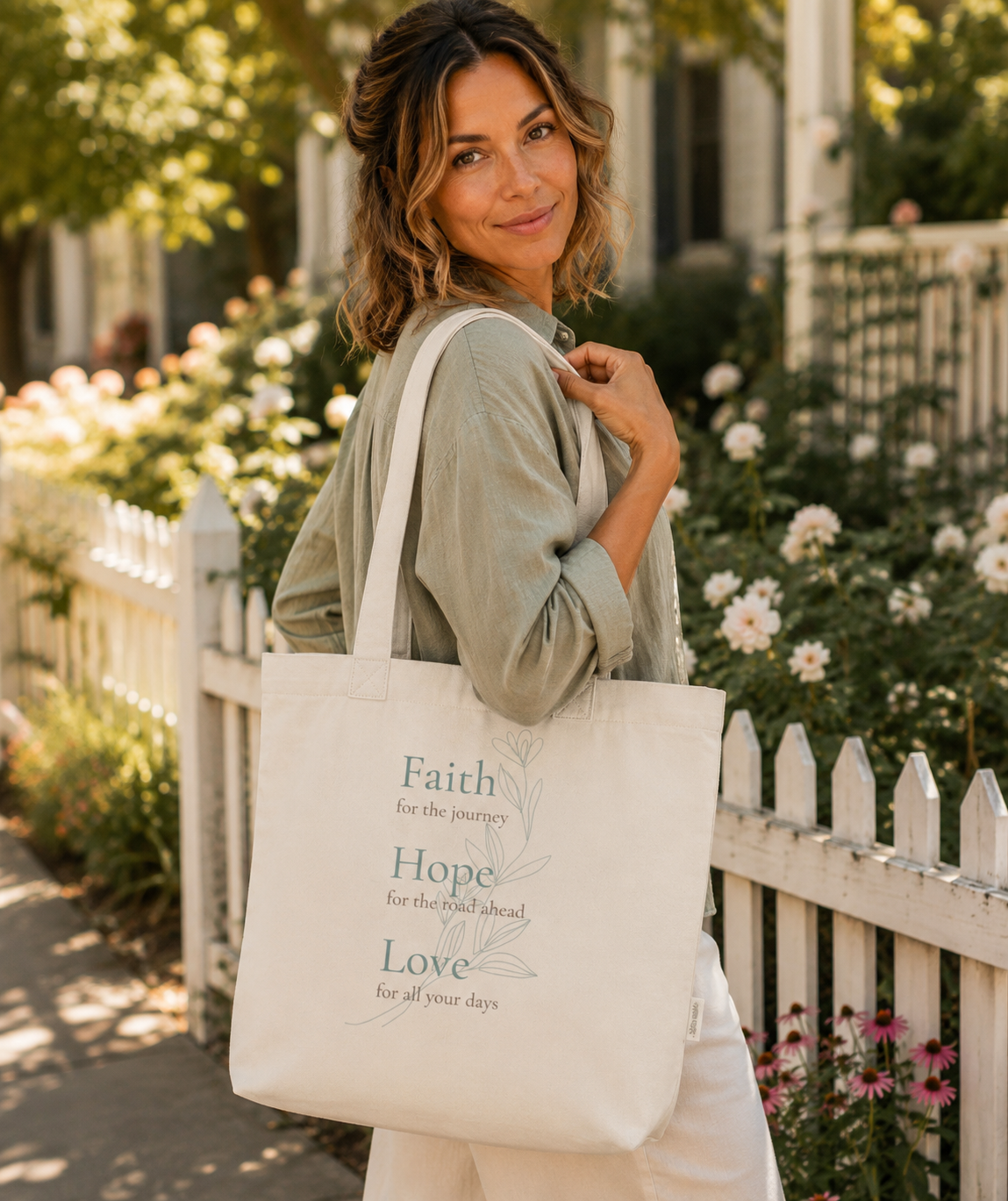 A woman outdoors carrying a large Ivory comfort colors canvas tote bag with the words 'Faith', 'Hope', and 'Love' printed in a muted green font. The background shows a sunny garden with a white picket fence and flowers.