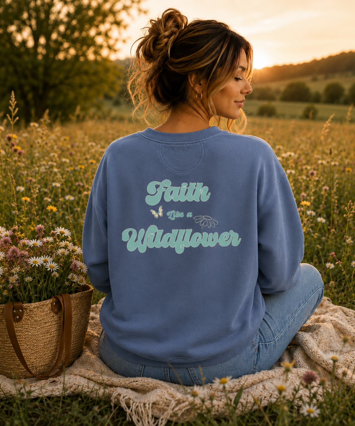 A woman sitting cross-legged in a field of wildflowers at sunset, wearing a Blue Jean comfort colors sweatshirt with the phrase 'Faith Is a Wildflower' printed in light blue on the back. A woven basket of wildflowers sits beside her on a blanket.