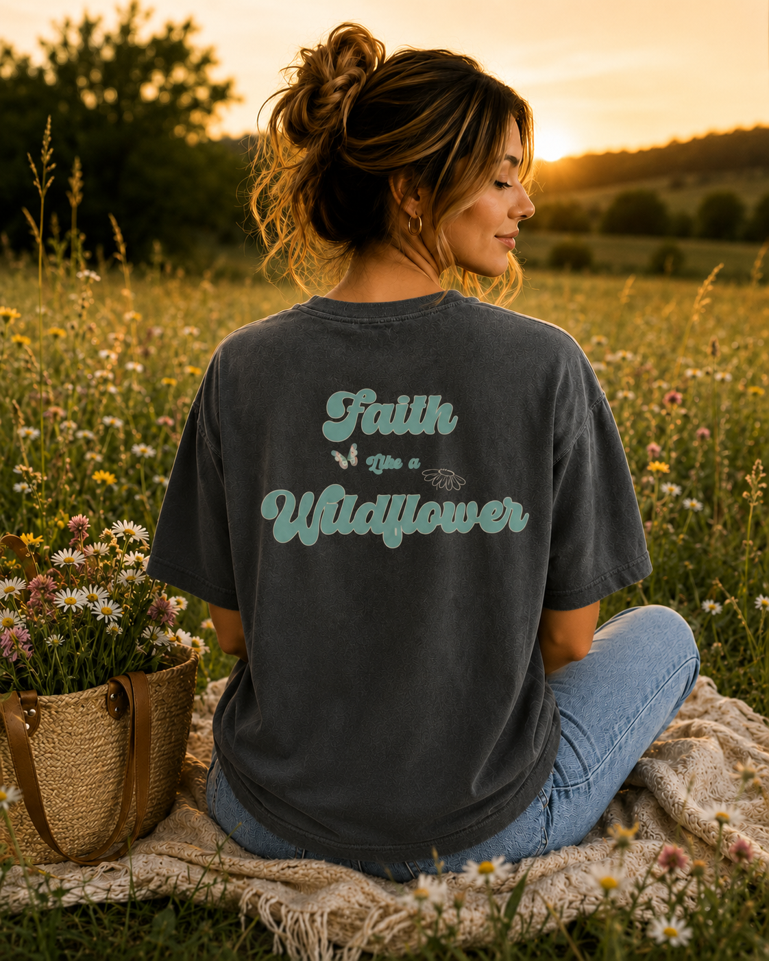 A woman sits cross-legged on a blanket in a wildflower field at sunset, wearing an oversized pepper comfort colors t-shirt with the phrase 'Faith like a Wildflower' printed in light teal on the back. A woven basket of flowers sits beside her.