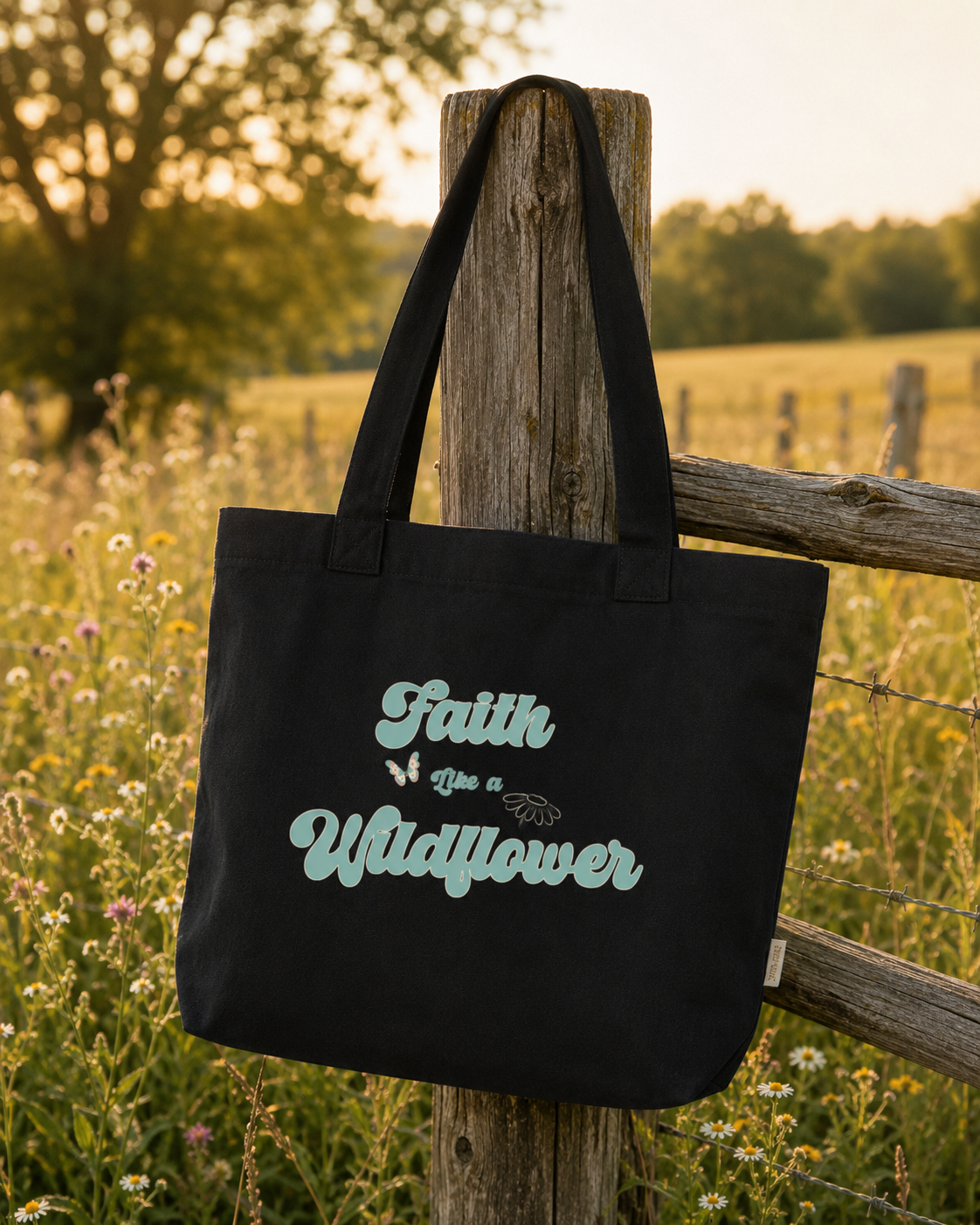 A black comfort colors canvas tote bag with the words 'Faith is a Wildflower' in a light mint green script, hanging from a rustic wooden fence post in an outdoor field at sunset.