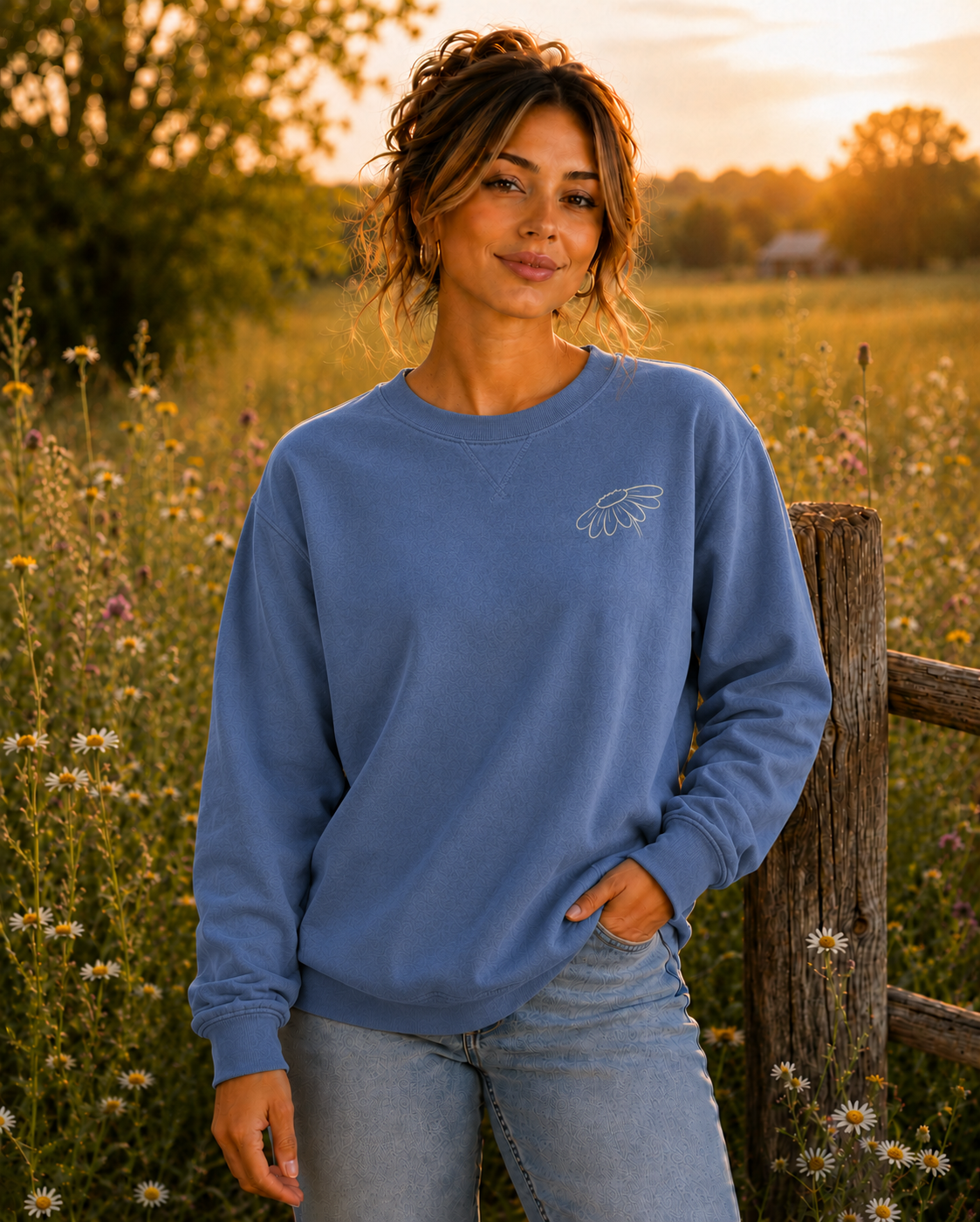 A woman wearing a Blue Jean comfort colors crewneck sweatshirt with a small cream embroidered wildflower design on the left chest, paired with light-wash jeans, standing in a sunlit field of wildflowers next to a wooden fence.