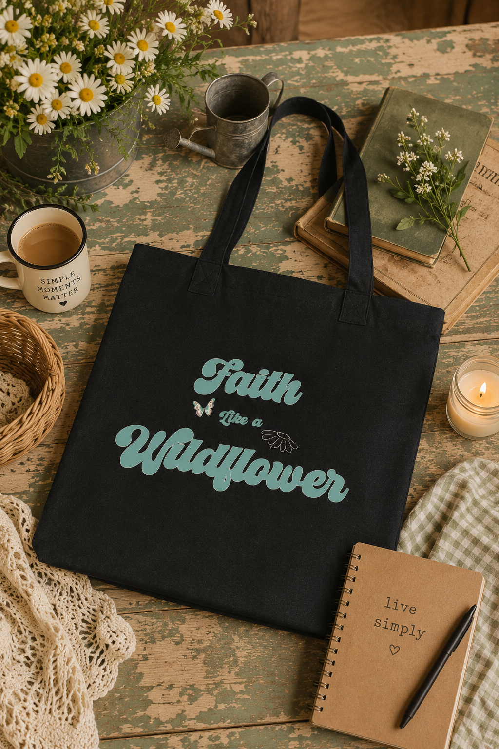 A black comfort colors canvas tote bag with the words 'Faith Is a Wildflower' in light teal script, styled in a rustic boho flat-lay with a mug, flowers, a notebook, and a candle on a distressed wooden table.