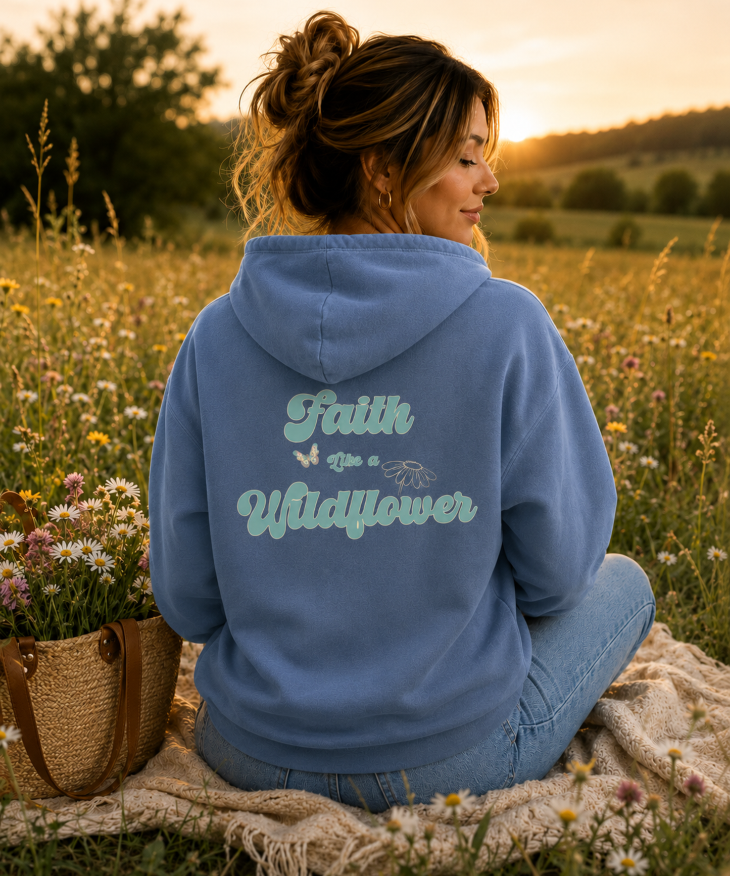 A woman sits on a blanket in a sunlit wildflower field, shown from the back wearing a Blue Jean comfort colors hoodie with the phrase 'Faith like a Wildflower' printed in aqua across the back.