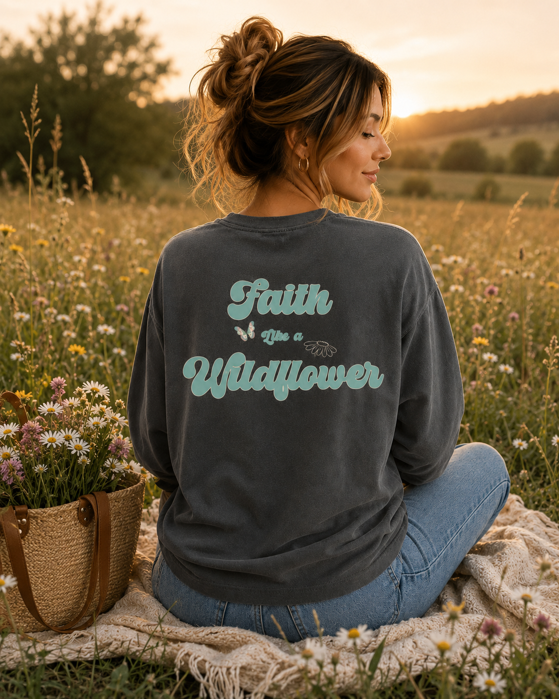 A woman sitting on a blanket in a wildflower field at sunset, wearing a pepper comfort colors long-sleeve shirt with the text 'Faith like a Wildflower' printed in light teal on the back.