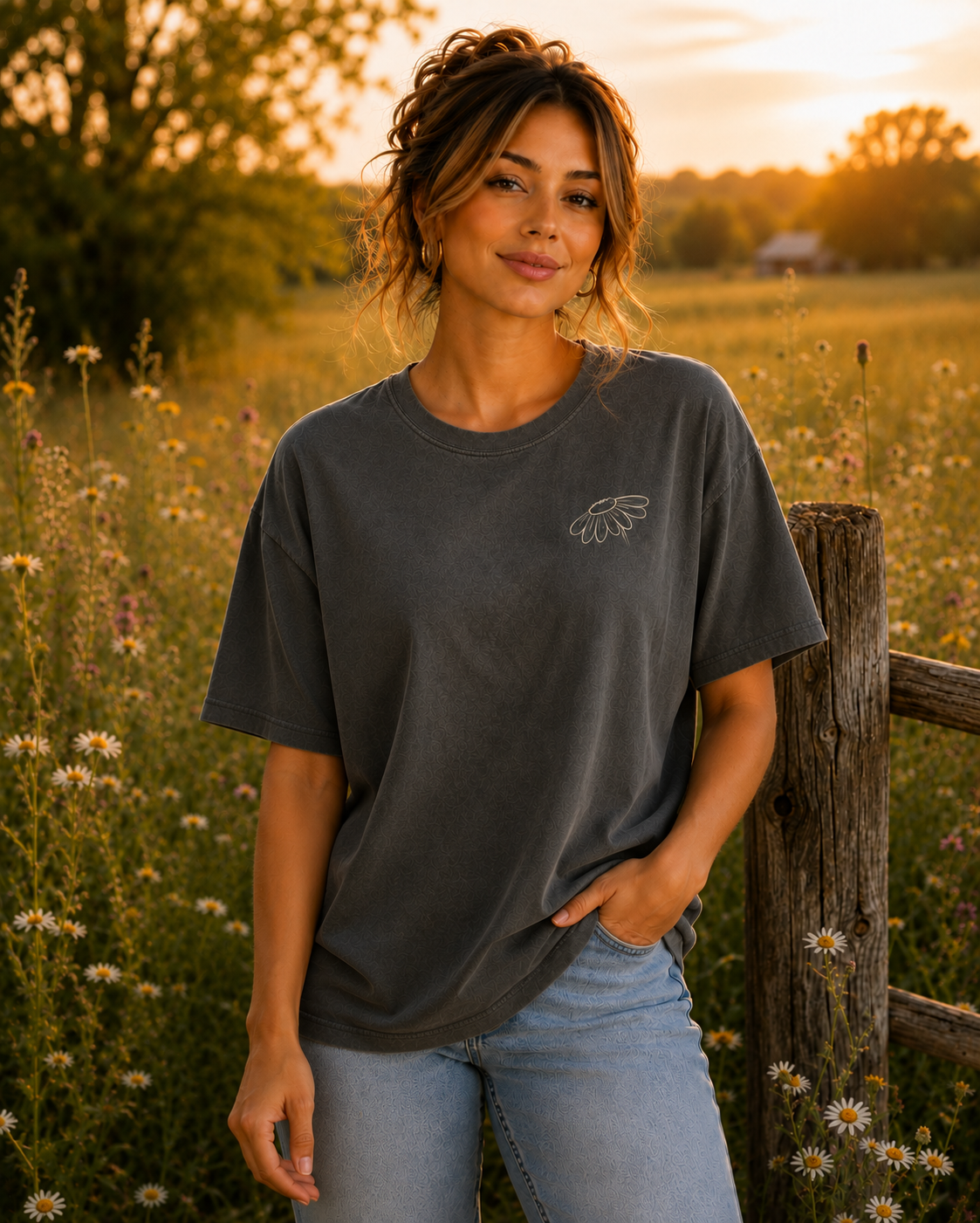 A woman wearing a pepper comfort colors t-shirt with a small cream colored embroidered wildflower graphic on the left chest, paired with light blue jeans, standing in a sunlit field next to a wooden fence.