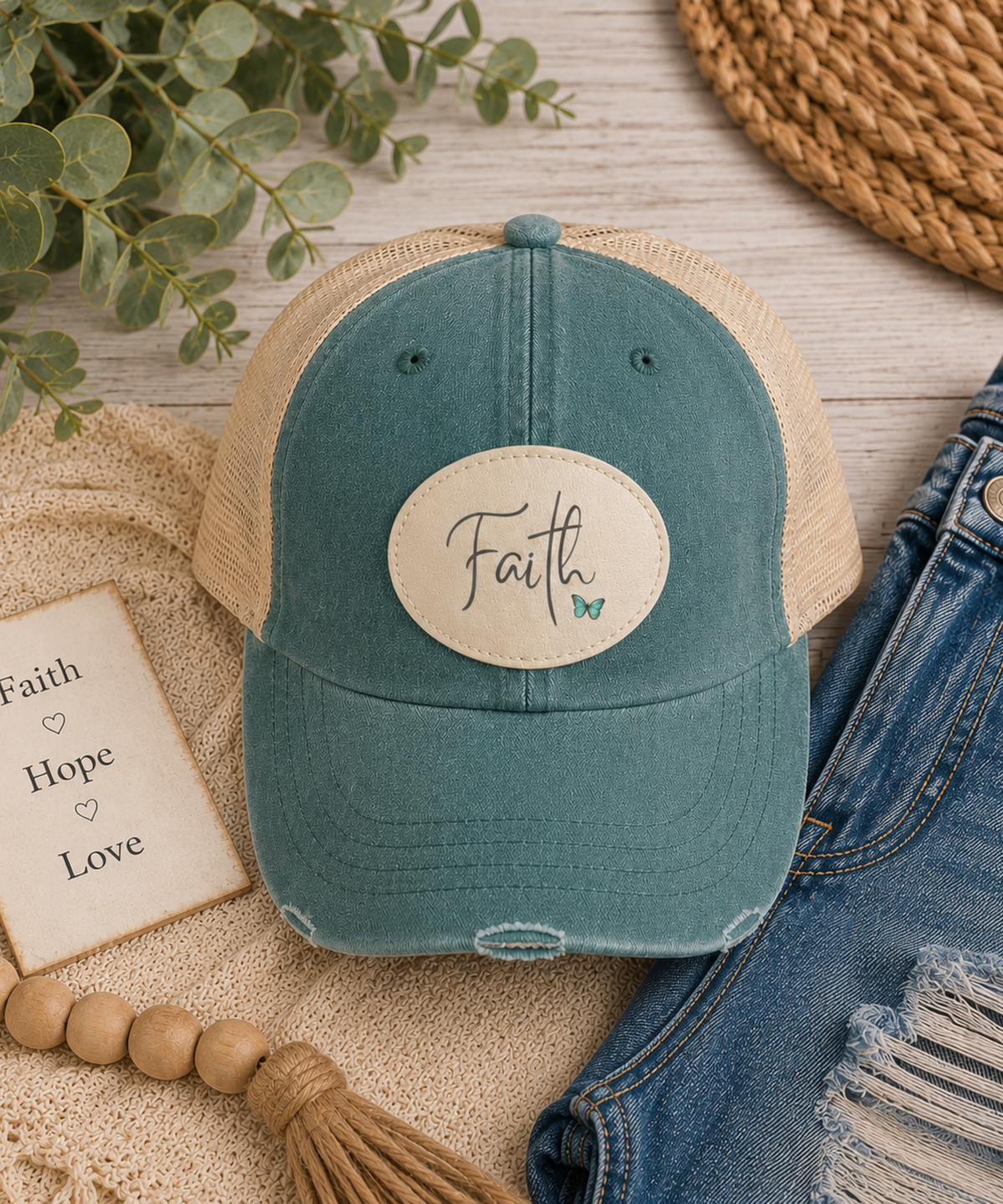 Forest vintage distressed trucker cap with an original Faith sublimated vegan leather patch displayed on a cozy flat lay with denim, greenery, and neutral textures.