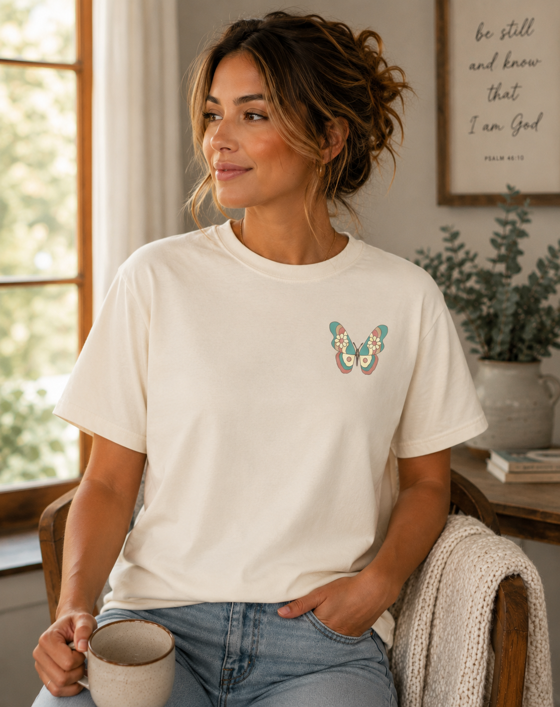 A woman sitting in a chair wearing an Ivory comfort colors t-shirt with a colorful vintage butterfly graphic on the left chest, paired with blue jeans, holding a mug in a cozy indoor setting.