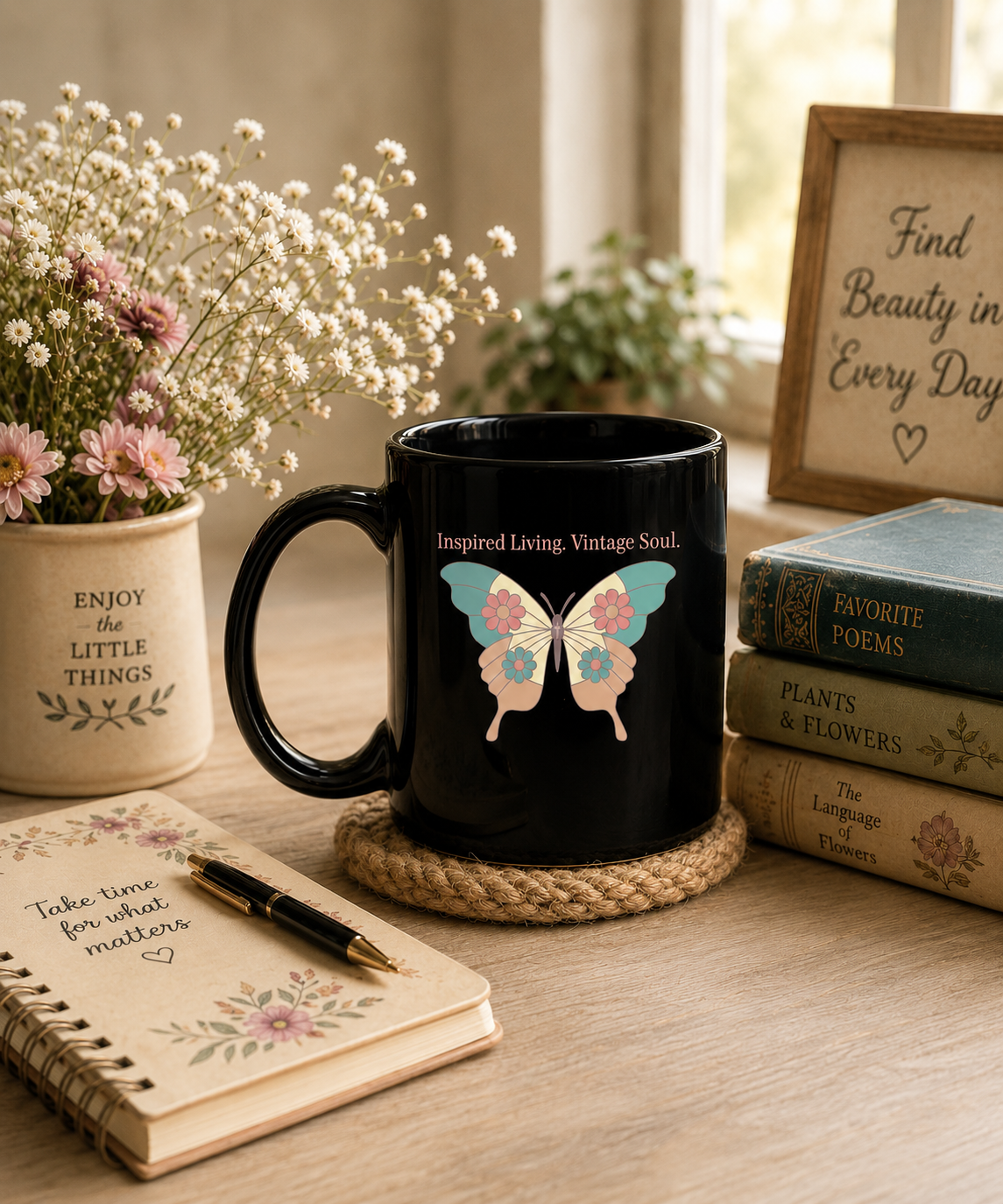 Black ceramic mug featuring the Inspired Living. Vintage Soul. butterfly design with pastel floral butterfly artwork, styled on a cozy table beside vintage books, flowers, and a journal in a warm nostalgic setting.