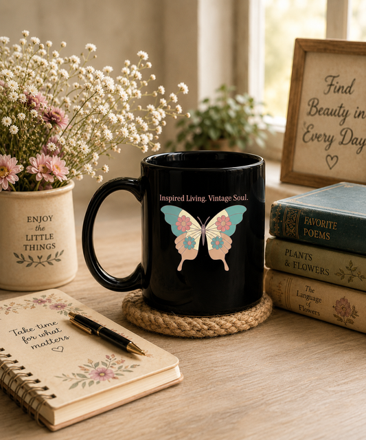 Black ceramic mug featuring the Inspired Living. Vintage Soul. butterfly design with pastel floral butterfly artwork, styled on a cozy table beside vintage books, flowers, and a journal in a warm nostalgic setting.