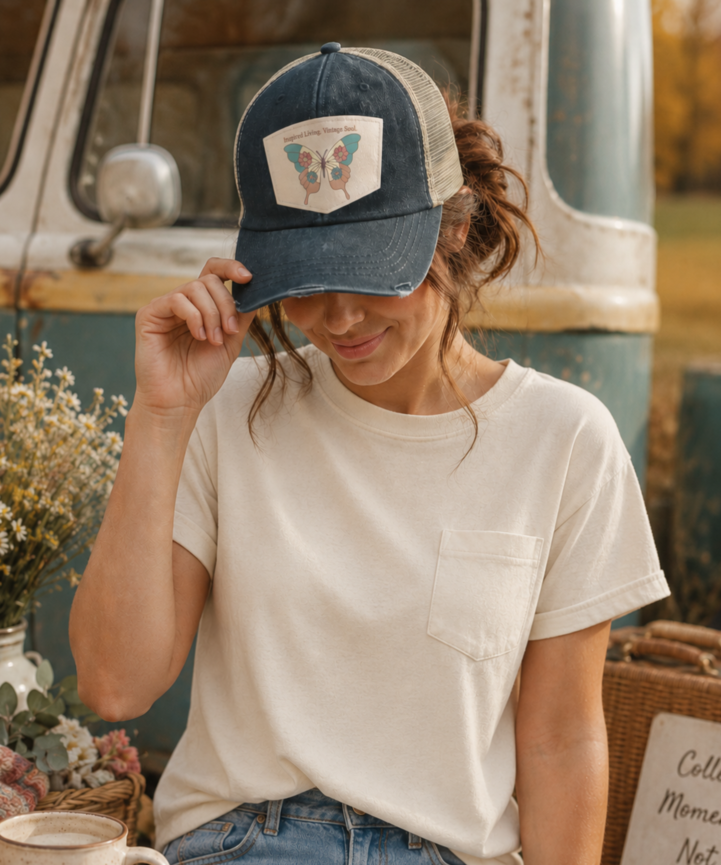 Woman wearing a vintage butterfly patch trucker hat by Inspired Living Vintage Soul beside a vintage van in a warm rustic outdoor setting.