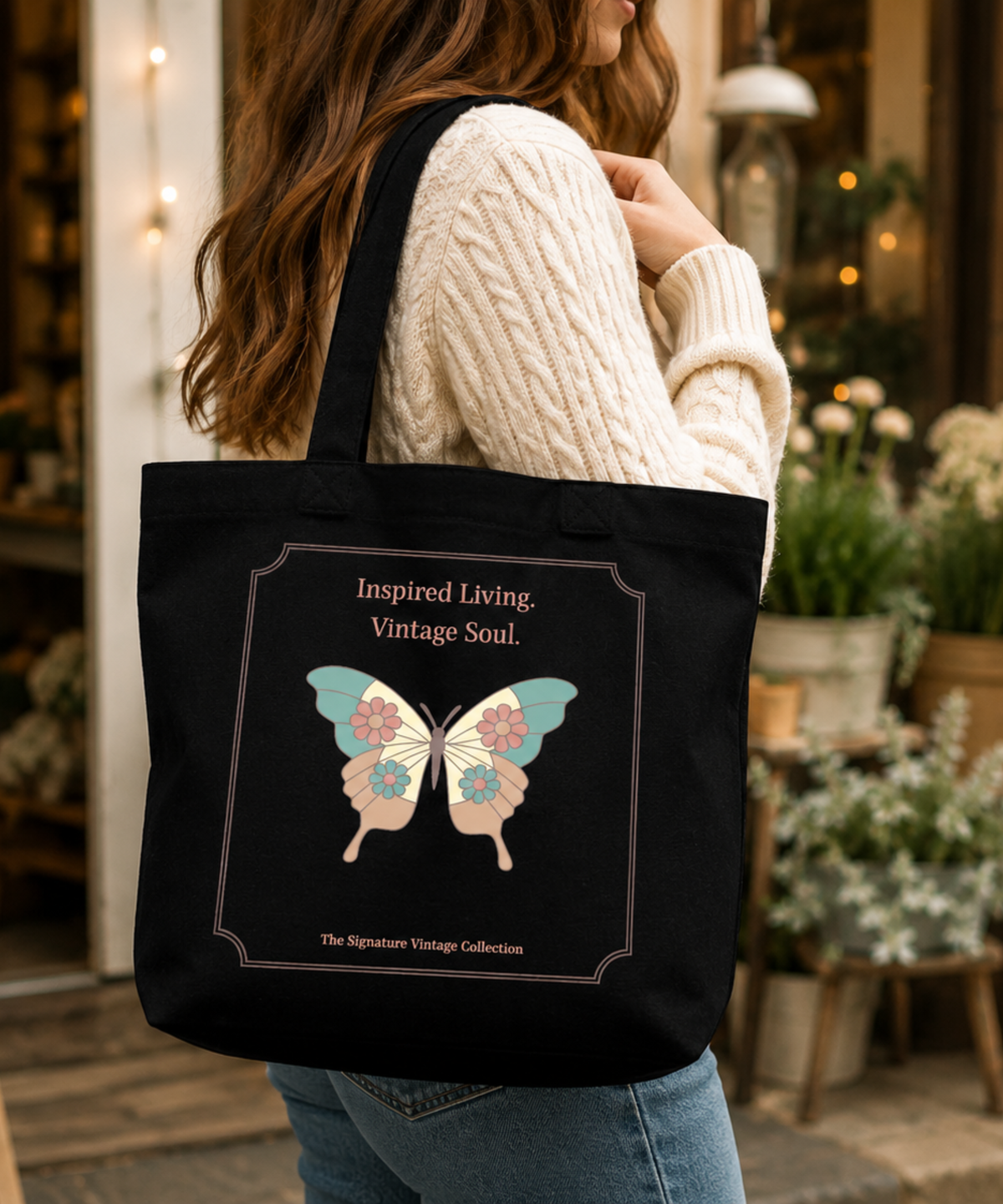 Woman carrying a black Comfort Colors Everyday Zip Tote featuring the Inspired Living. Vintage Soul. butterfly design with floral butterfly artwork and vintage-inspired border in a charming flower market setting.