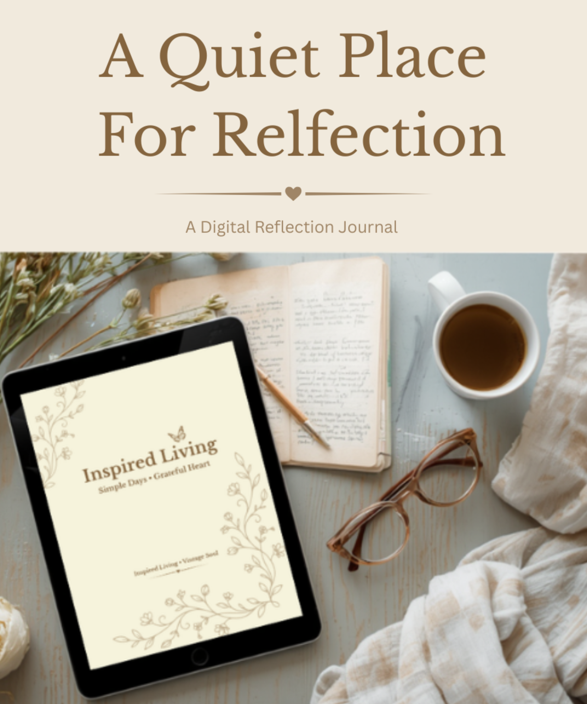 Inspired Living digital reflection journal displayed on a tablet beside a notebook, tea cup, and reading glasses in a cozy vintage-inspired setting.