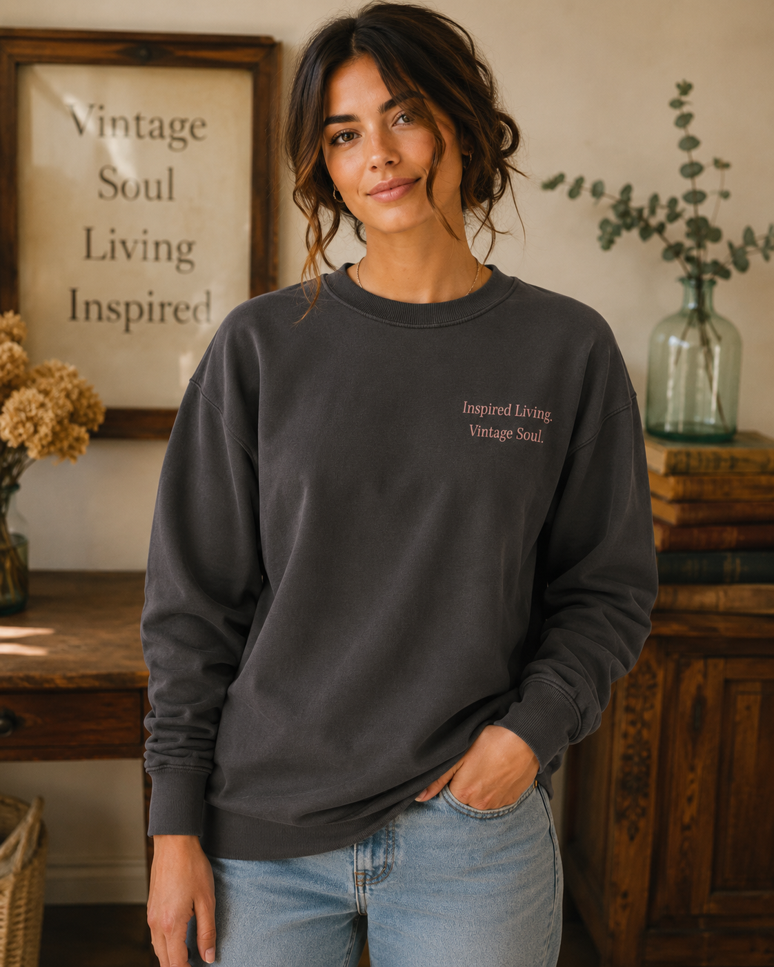 Woman wearing a Comfort Colors Pepper crewneck sweatshirt with a small left chest Inspired Living. Vintage Soul. design in a warm vintage-inspired home.